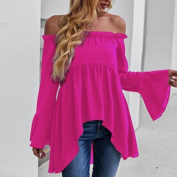 Contemporary Off-shoulder High Low Blouse PINK - Picture 3 of 7